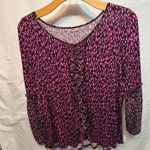 Lane Bryant Women Top 18/20 Floral V Neck Ruffle Blouse 3/4 Sleeve Pullover